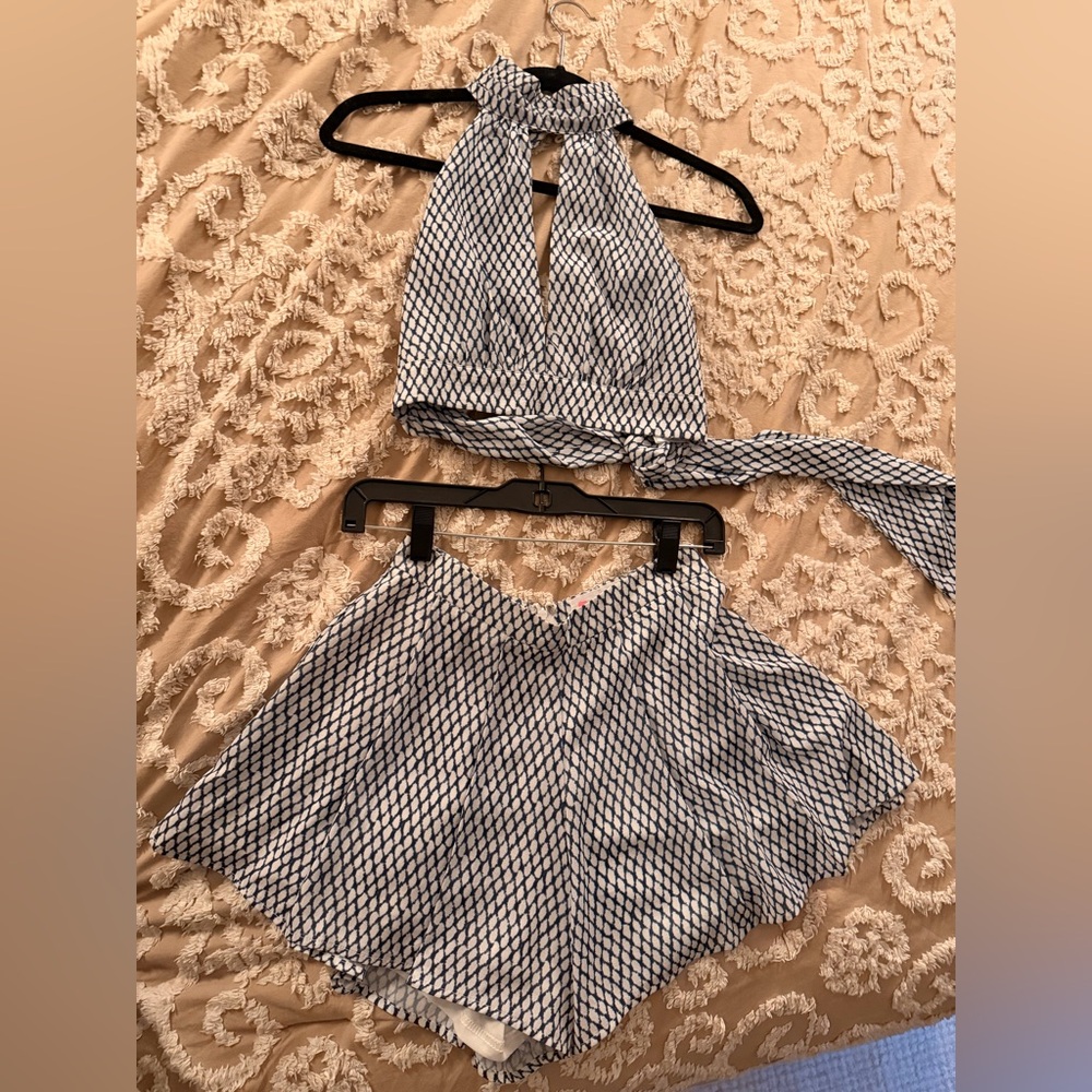 Blue and White Geometric Halter/Tie Back Top and Shorts Set